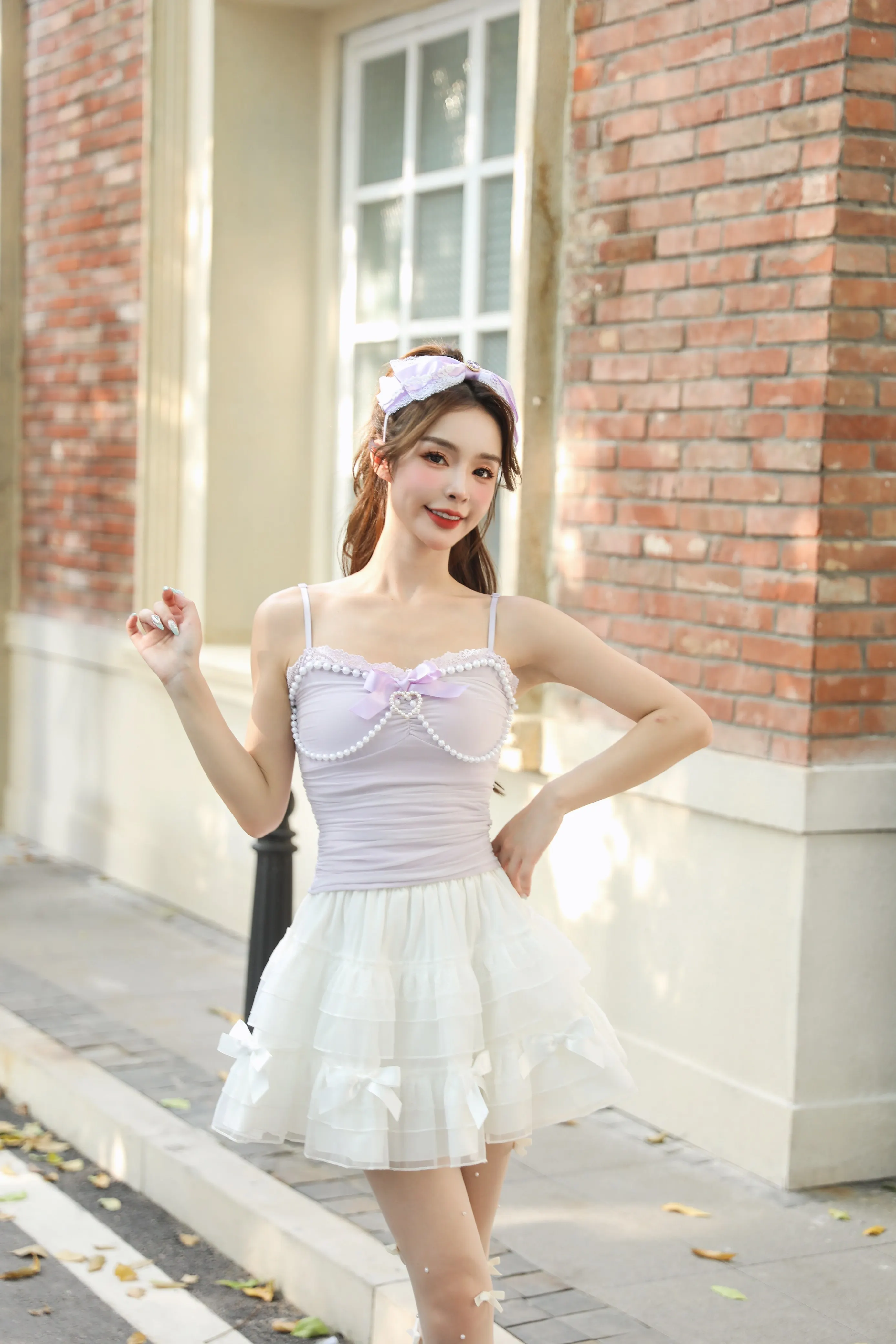 Dophee Sweet Girl Pearl Love Bow Purple Camisole Basic Slimming Crop Tanks Top Sleeveless Exposing Navel Camis Vests Women