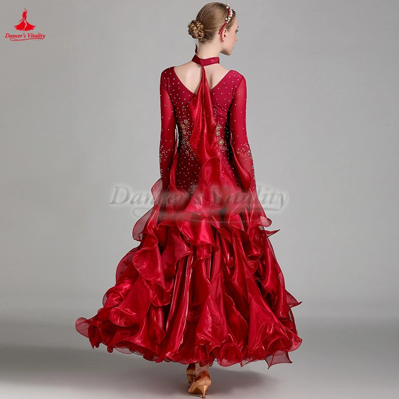 The New Style Ballroom Dance AB Stones Long Sleeves Dresses with Necklace Female Waltz Foxtrot Quickstep Competition Clothing