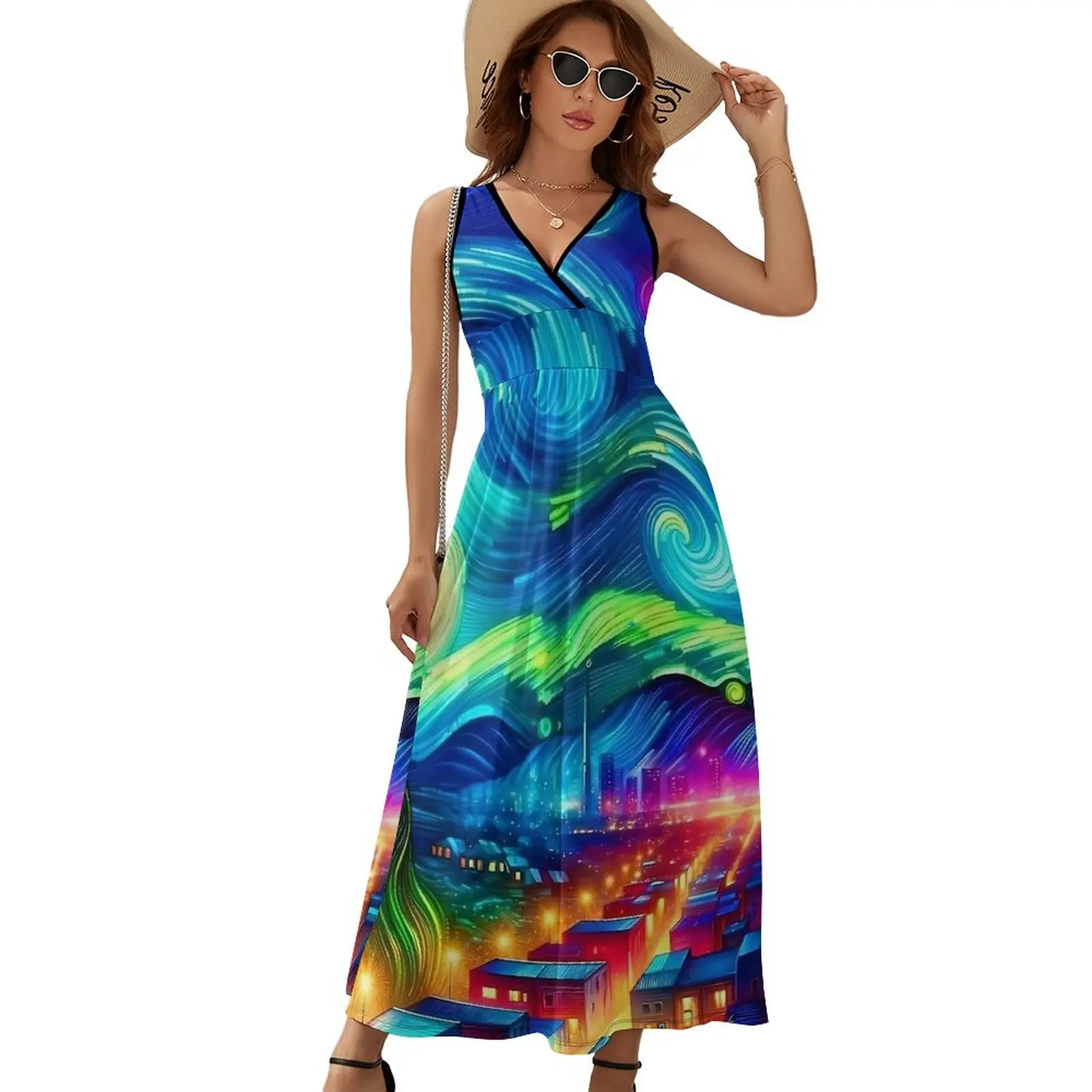 Colorful Starry Night Print Dress  Beach Maxi Dress V Neck Graphic Bohemia Long Dresses Street Fashion Oversized Vestido