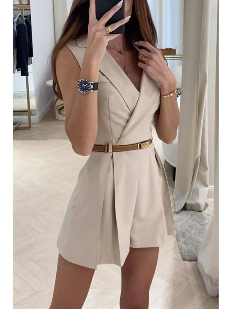 

Summer Women's Commuting Casual Suit Jumpsuit Fashionable And Elegant V-neck Sleeveless Decorative Belt Straight Jumpsuits