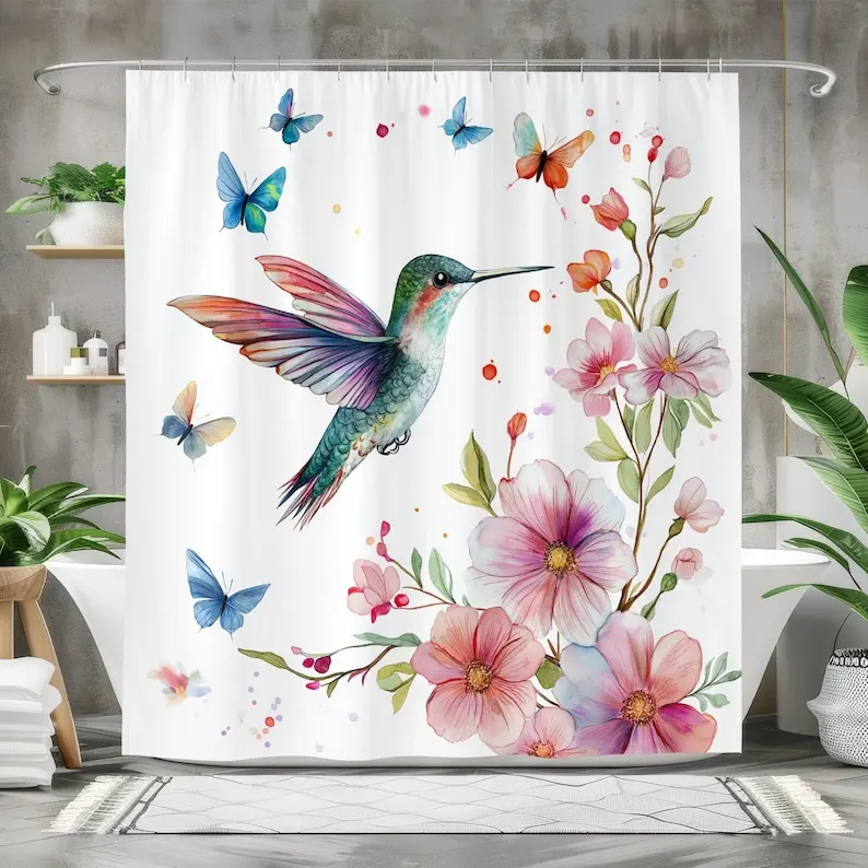 Hummingbird Shower Curtain, Waterproof Fabric Bath Curtain, Elegant Floral Design, Nature-Inspired Bathroom Decor Spring Bloom