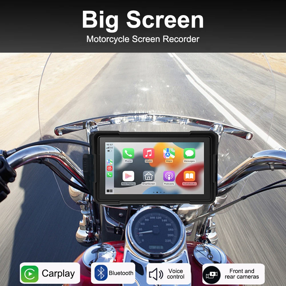 Wireless CarPlay Android Auto Screen for Motorcycle Dual Bluetooth Touchscreen with Front & Rear Dash Cam Waterproof Navigation