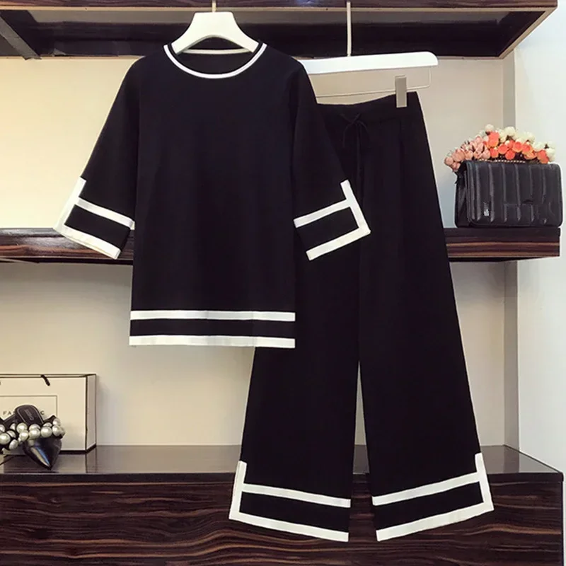 

Summer Women's Knitted Two Piece Suits Color Contrast Loose Pullover Sweater Jumpers And Wide Leg Pants Plus Szie Outfits V1586