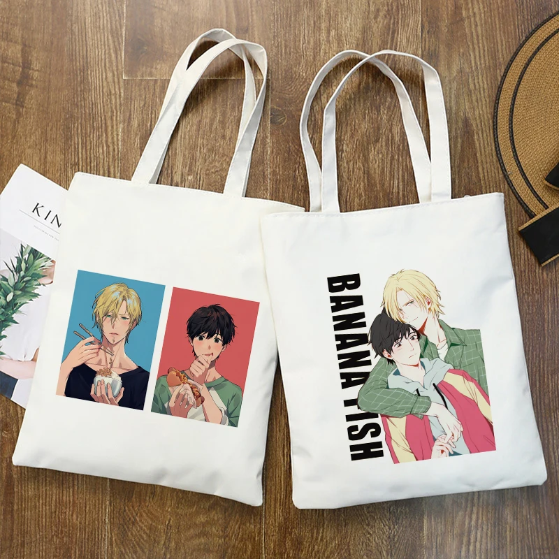 Tas Belanja Tas Belanja Harajuku Tas Tangan Anime Pisang Ikan Yaoi Bl Tas Tote Kanvas Wanita Grafis Tas Bahu Dapat Digunakan Kembali