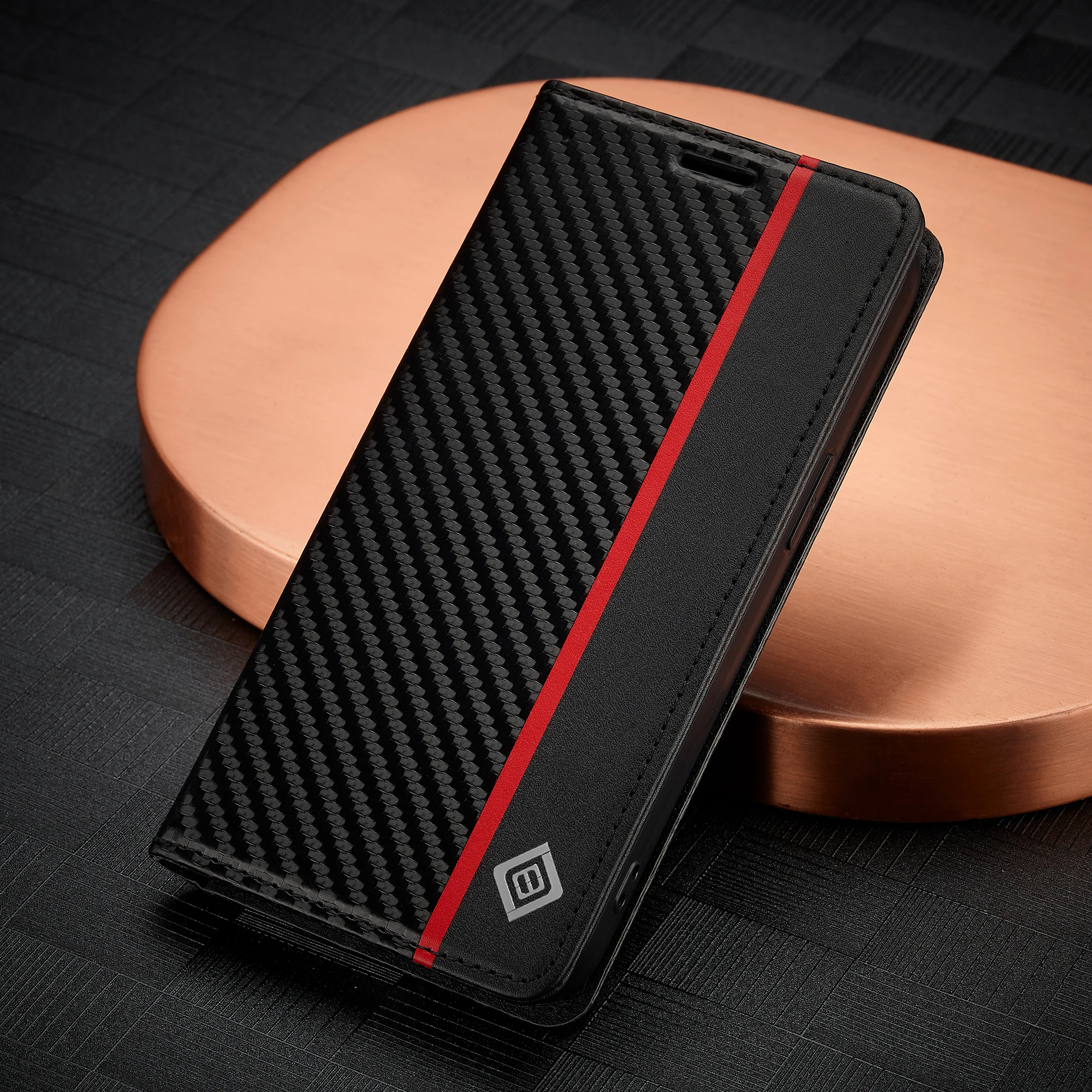 EUCAGR Luxuriöse Carbonfaser Flip PU-Leder Brieftaschen-Handyhülle für iPhone 17E/17 Pro Max mit Kartenfach für iPhone 17, 17 Air, 17 Pro