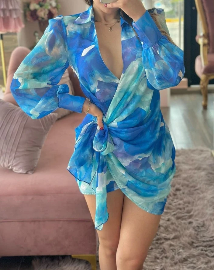 

Women Fashion Mini Dress 2024 Spring Summer Turn-Down Collar Long Sleeve Tie Dye Print Tied Detail Daily Wrap Dress Vacation