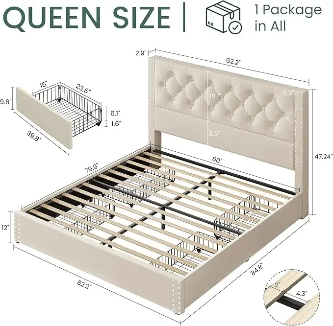 Queen Size Bed Frame with Storage and Tufted Headboard Linen Upholstered Platform Bed Frame