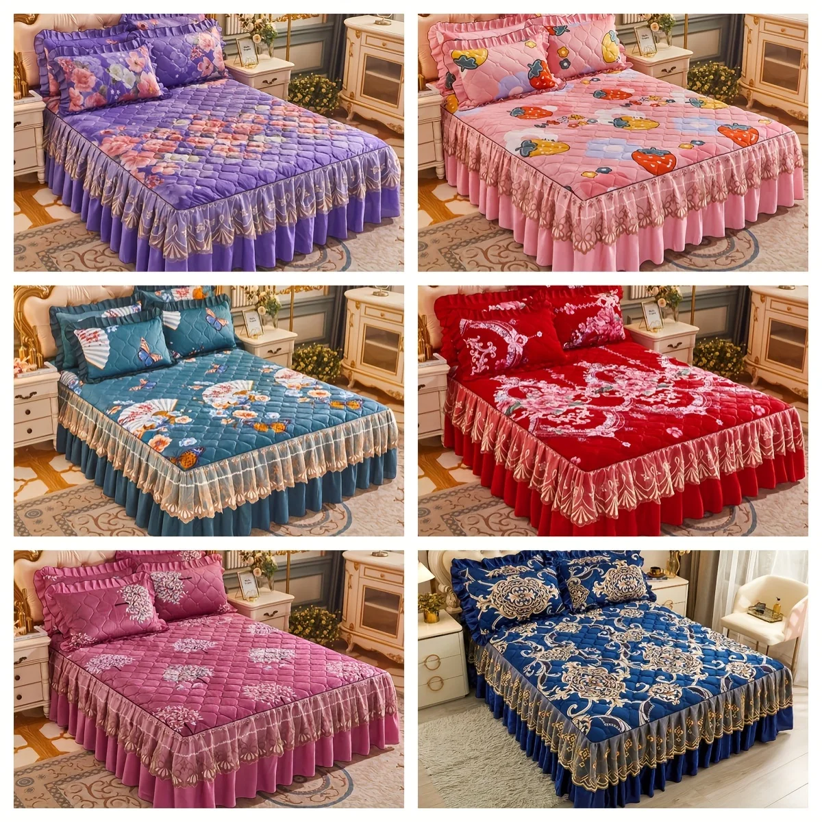 3pcs Polyester Macrame Fitted Sheet Set, Bed Skirt Set, Flower Printed Clip Cotton All Seasons Universal Non-slip Bedding Set, S