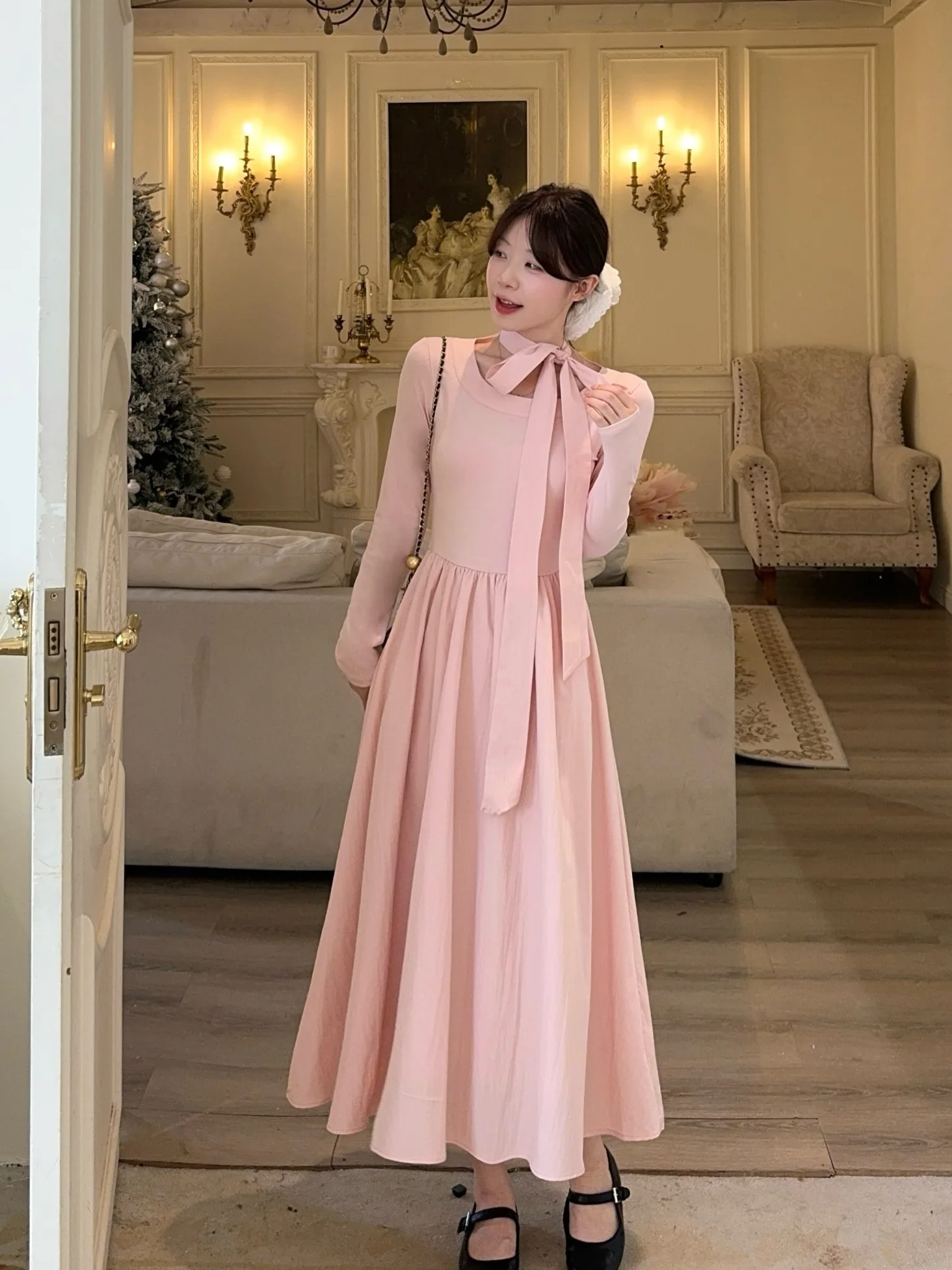 

Женское платье больших размеров, розовое, с круглым вырезом, длинными рукавами, бантом на талии, элегантное, для повседневной носки, в корейском стиле
