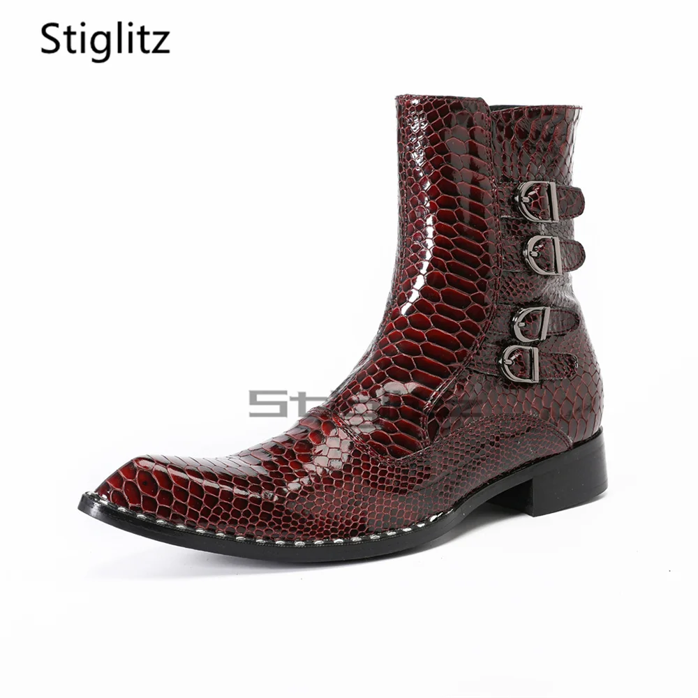 Botas Chelsea con Estampado de Serpiente y Múltiples Hebillas para Hombre, Color Rojo Vino, Cuero Genuino, Punta Puntiaguda, Cierre Lateral con Cremallera, Zapatos de Vestir para Negocios y Bodas