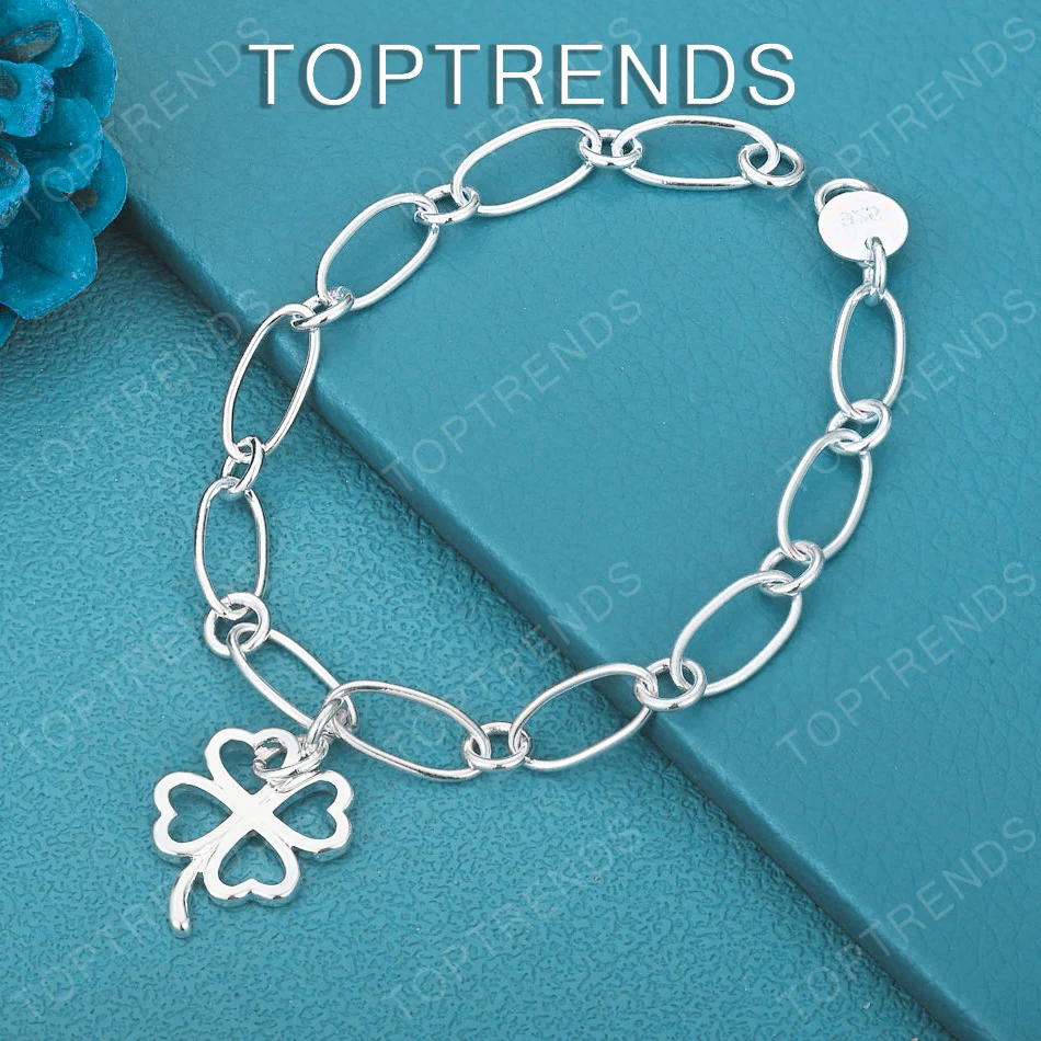 Pretty 925 Sterling Silver Four-Leaf Clover Pendant Bracelet Fashion Charm Jewelry Gift Birthday Wedding Party Cute Accessories