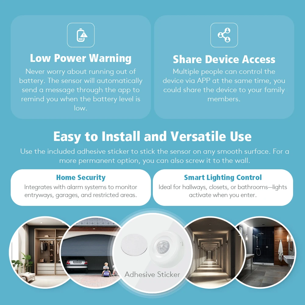 WiFi 2.4 GHZ Tuyasmart Wireless PIR Motion Sensor Detection Angle 360° Low Power Warning for Home Safety