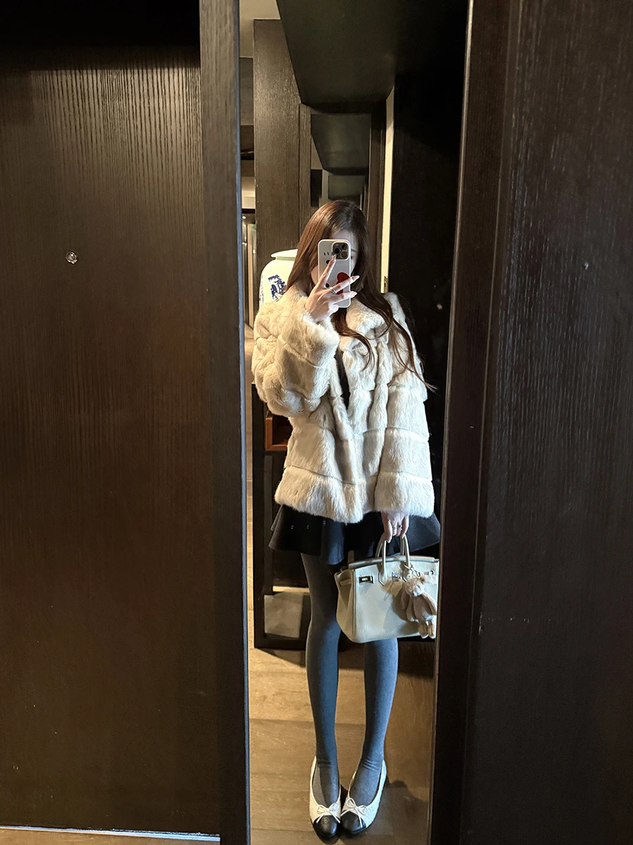 

NAOAO ort Fur Jaet Dual Tone Rabbit Hair Dyeing Inteated Skin And Fur ort Coat Princ Sle Long Sve Women's Coat