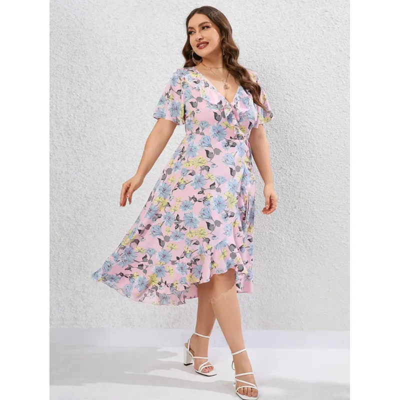 ROSEGAL Plus Size New In Dresses Cottagecore Flounce Tie Floral Surplice Midi Dress Plunging Neck Asymmetric Printed Vestidos 5X