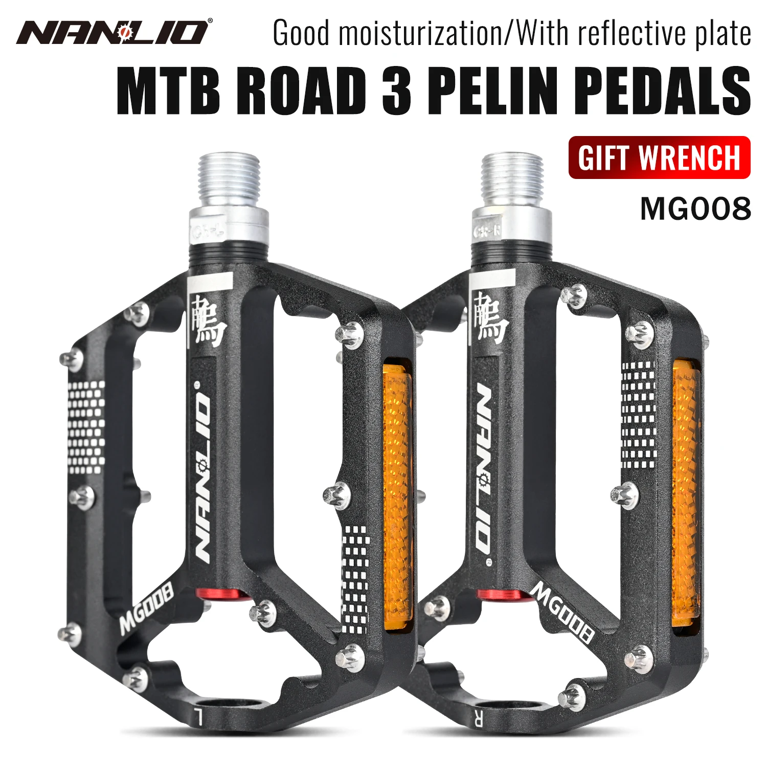 Nanlio Mountain Bike Pedals, Cross-Country, Trail, 6 Sealed Bearings, Wide Platform, 2 Reflectors, 18 Anti-Skid Pins, 290g Pair