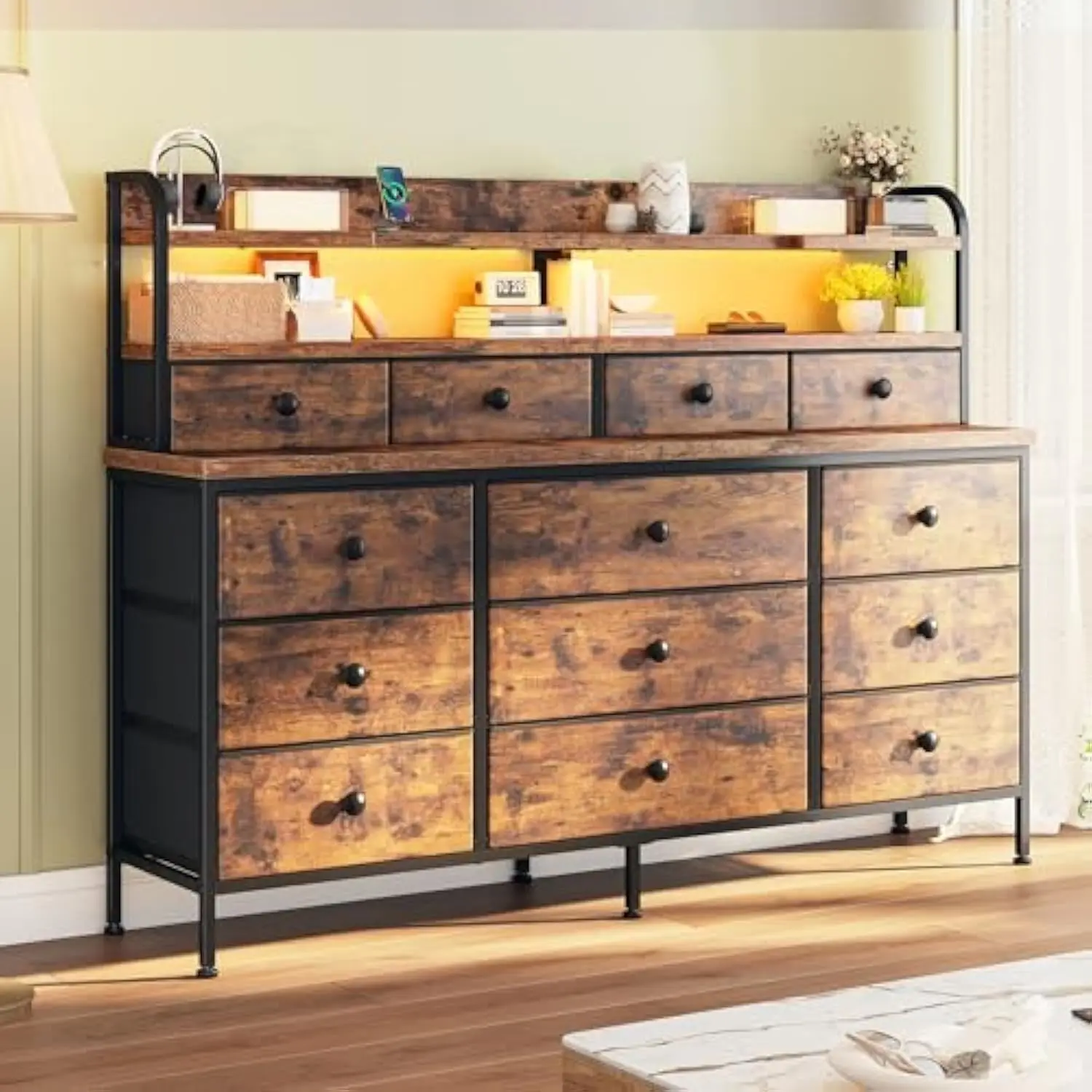 

Комод 51,2 Вт для спальни со светодиодной подсветкой, 13 ящиков, длинные комоды и комоды с полками, большой тканевый комод