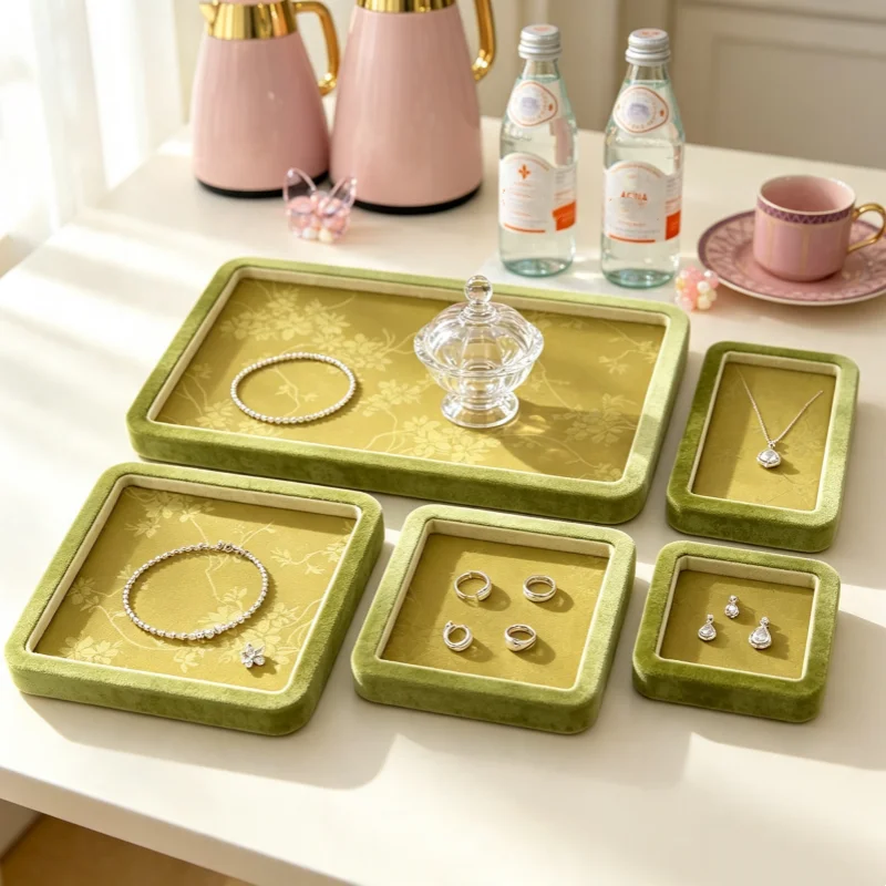 Luxury Chinese Style Embroidered Velvet Rim Tray, Hand Chain & Bangle Display Plate, Live Broadcast Appraisal Organizer