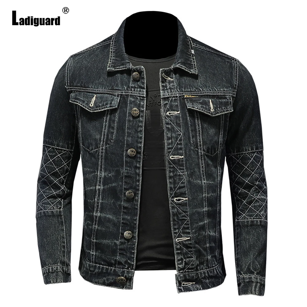 Ladiguard Plus Size 5xl Men Denim Jackets Mens Clothing 2024 European Fashion Jean Denim Jacket Lepal Collar Stand Pocket Coats