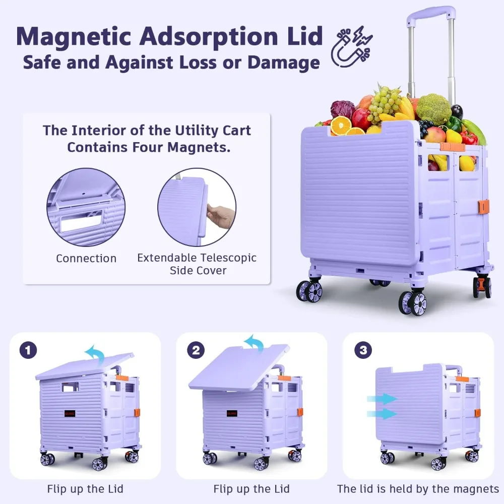 Foldable Utility Cart Collapsible Portable Crate Rolling Carts with Wheels Tote Basket with Magnetic Lid Telescopic Cover