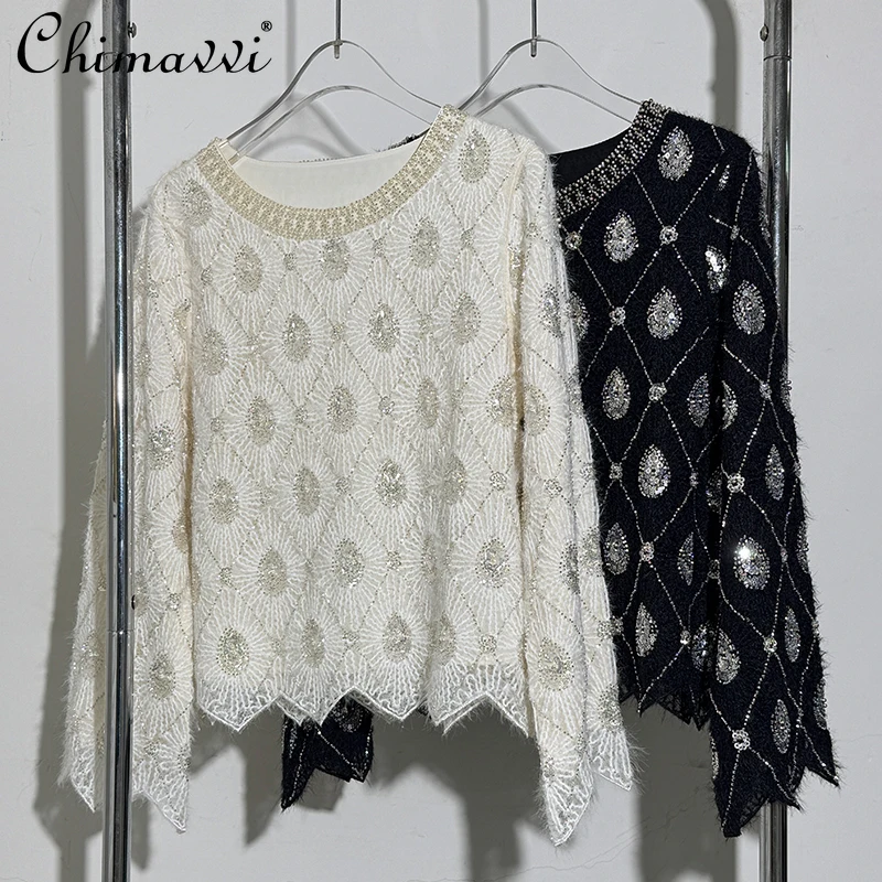 

Fashion Heavy Beading Sequin Elegant Women's Diamond Top Spring and Autumn New Women's Round Neck Long Sleeve Base Shirt