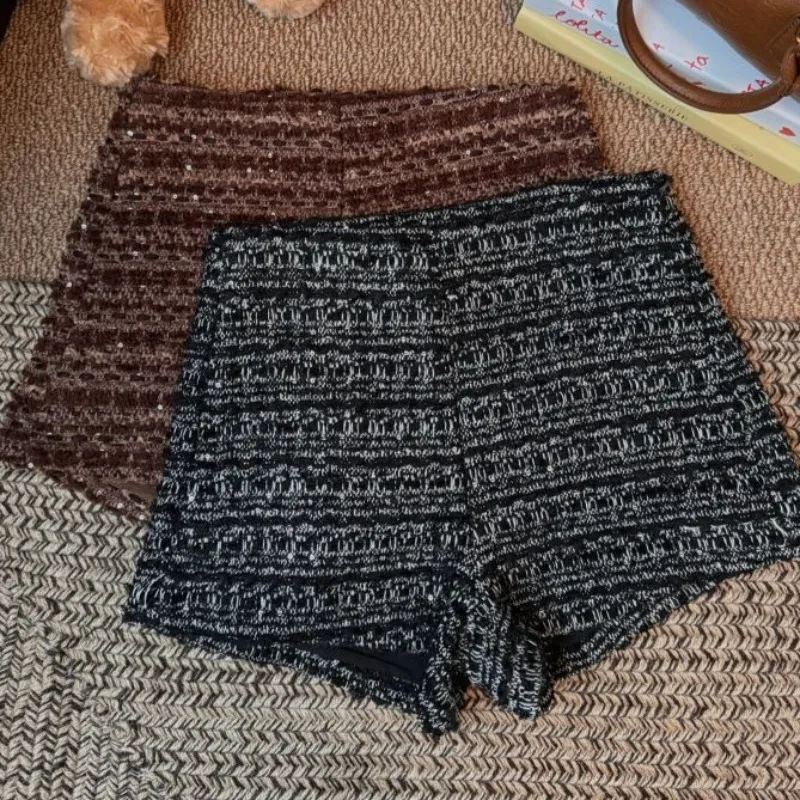 Tweed Shorts Mujer Stripes Autumn Winter Vintage Sexy Woman Pants Korean Fashion High Waist Pantalones Cortos