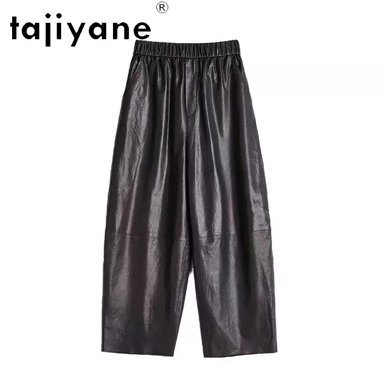 TAJIYANE Genuine Leather Pants Woman Cropped Carrot Trousers Vegetable Tanned Sheepskin Pants of Women Elastic Waist 슬랙스 Loose
