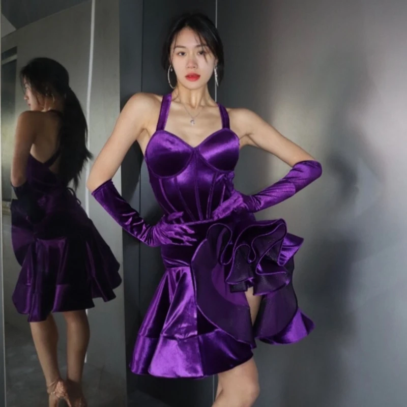 Velvet Latin Dance Competition Dress Women Luxury Fishbone Dress Prom Club Cha Cha Rumba Samba Dance Performance Costume NV24503