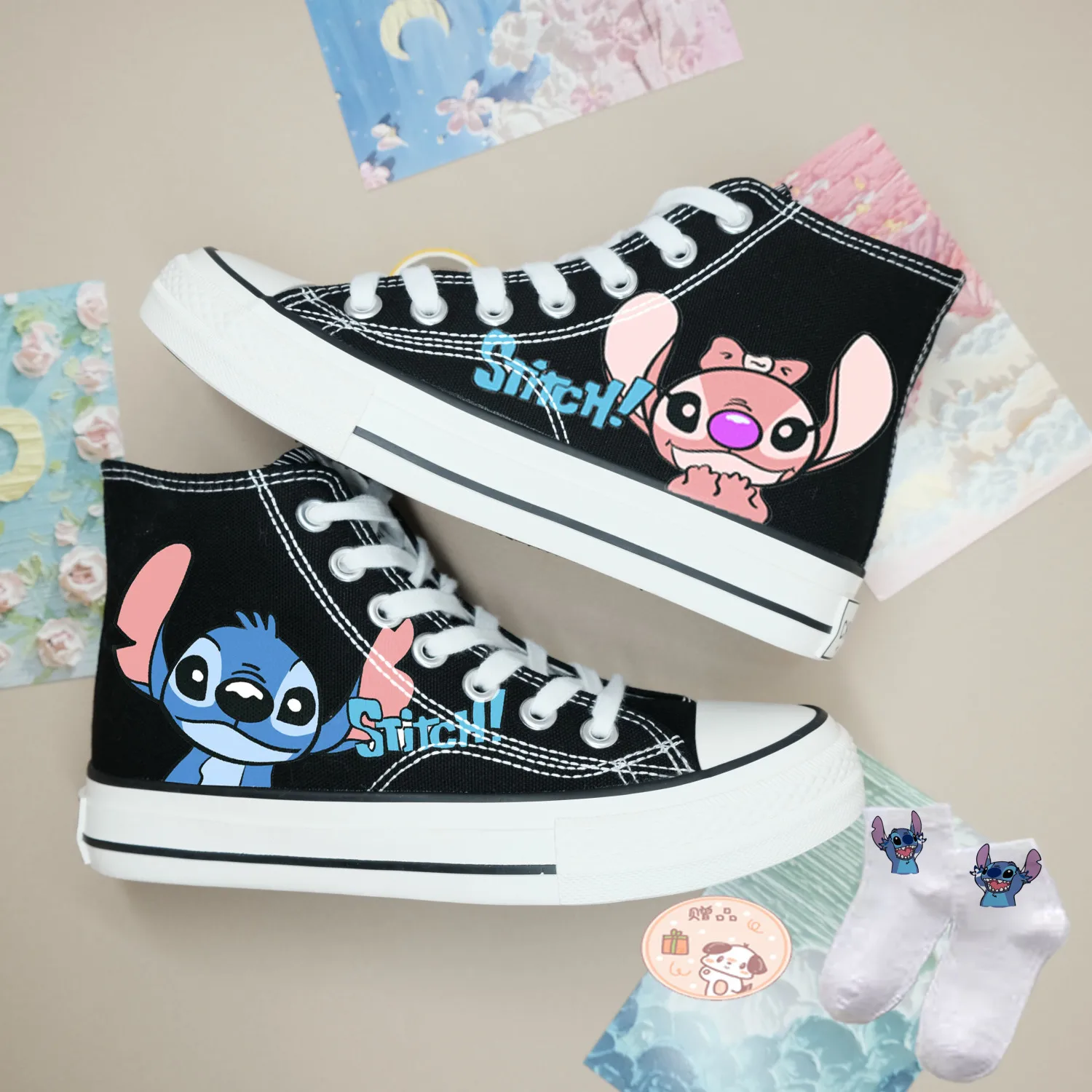 Stitch Anime Women Casual Canvas Shoes High Top Casual Student Autumn Winter Couple Sneakers Fashion Cute Sports Board Shoes