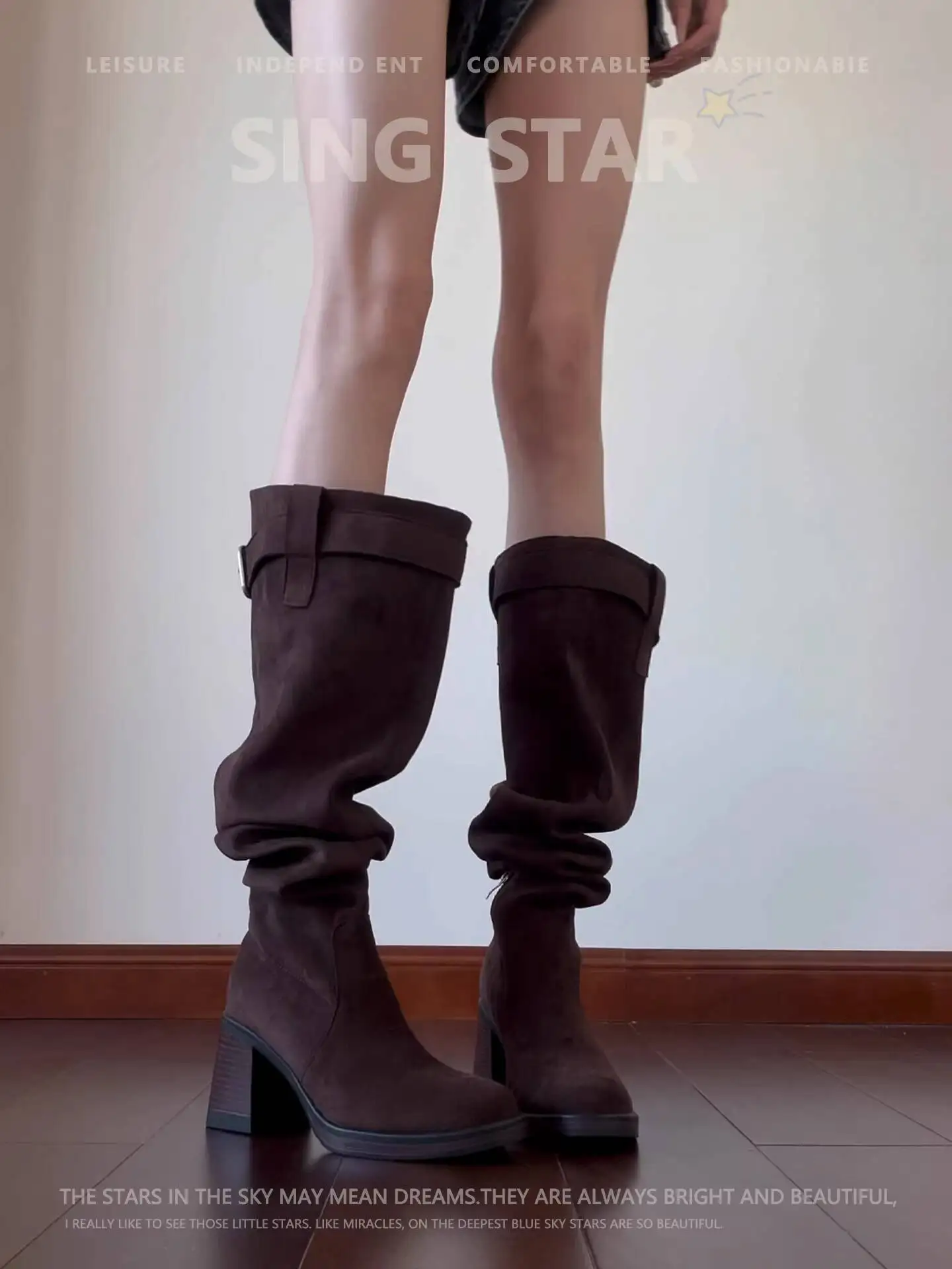 

Женские сапоги-ботильоны 2026 Весна-Осень из овчины, ковбойские сапоги, складные, утягивающие, на высоком каблуке, с рюшами