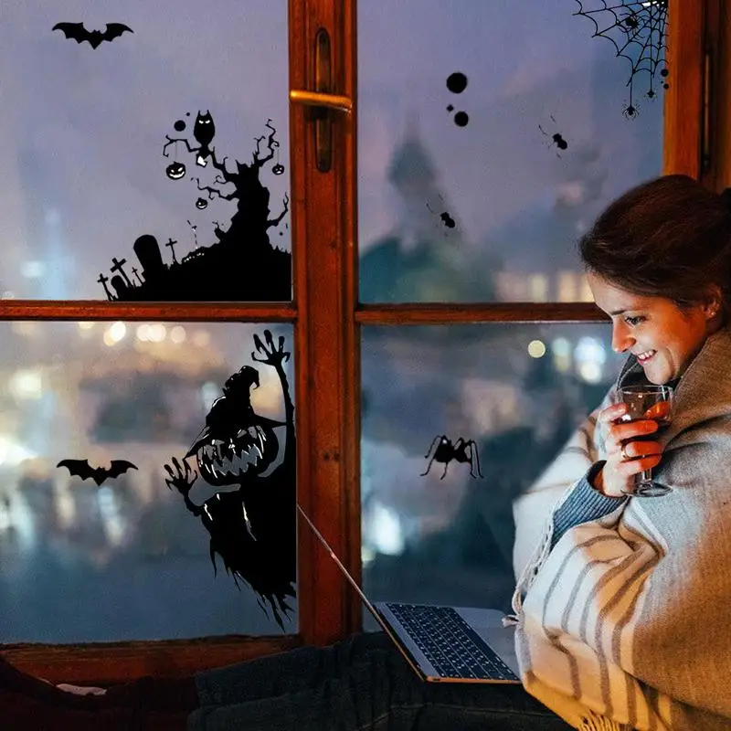 Pegatinas de ventana de Halloween, esqueleto estático, fantasmas, bruja, calabaza, silueta, divertidas y terroríficas, temáticas de Halloween para decoración de fiesta
