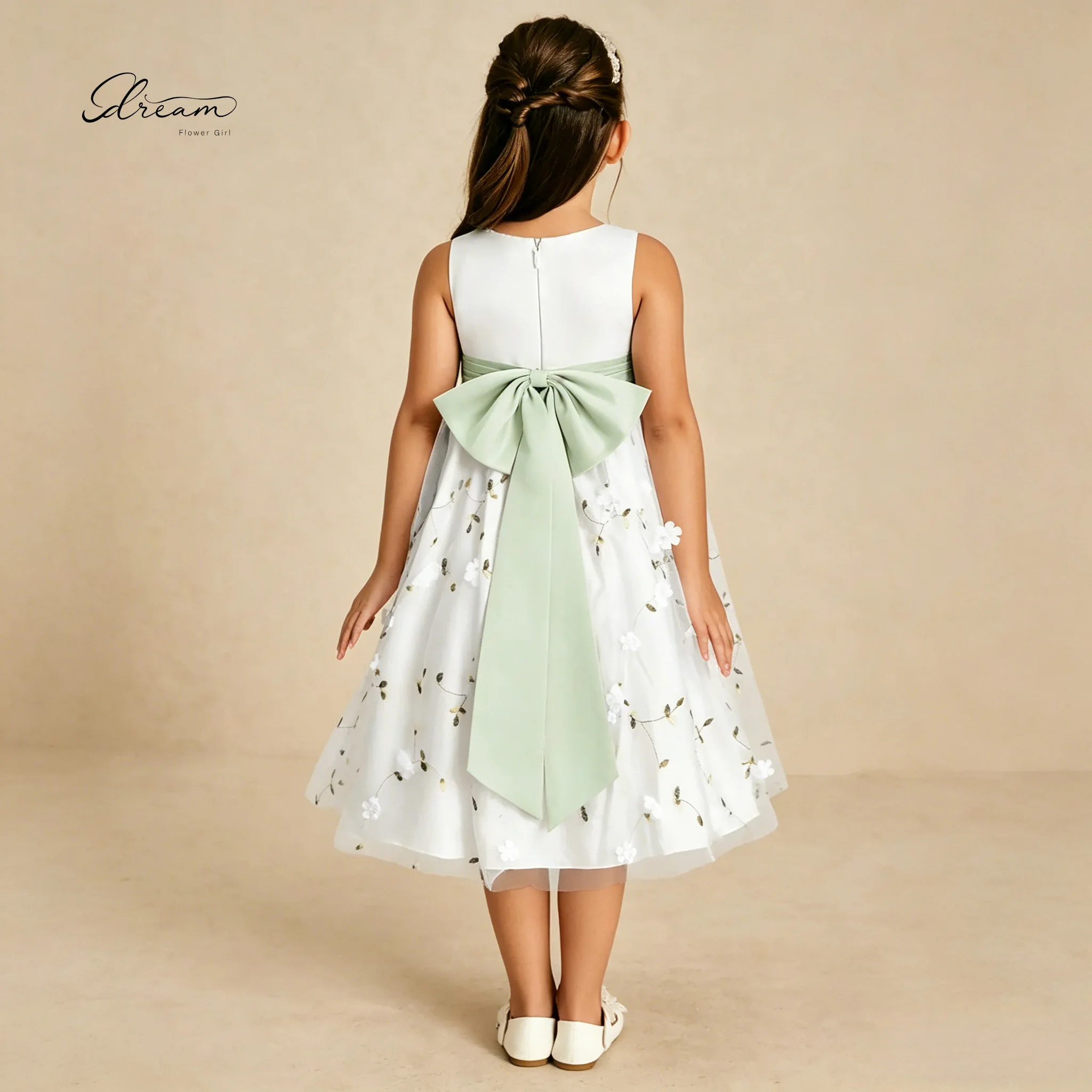 White Flower Brithday Formal Dress Girl Dress Sage Green Sash 3D Floral Embroidery Knee-Length Kids Wedding Party Gown Bow view 4