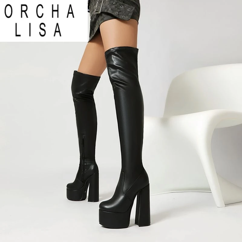

ORCHA LISA 2025 Stretch Female Boots Round Toe Block Heels 14.5cm Platform 5cm Zipper Plus Size 45 46 47 Sexy Dating Party Bota