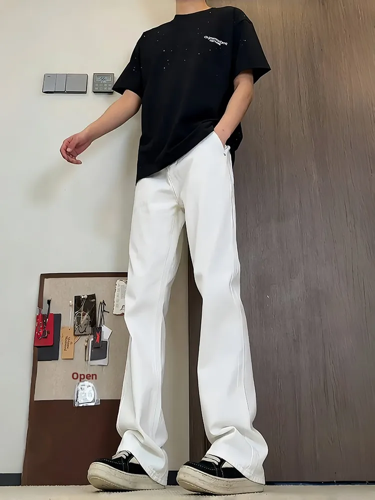 

Cleanfit White Men's Straight Leg Jeans High Street American Vibe Micro Flared Trousers Elastic Slim Fit Long Pants