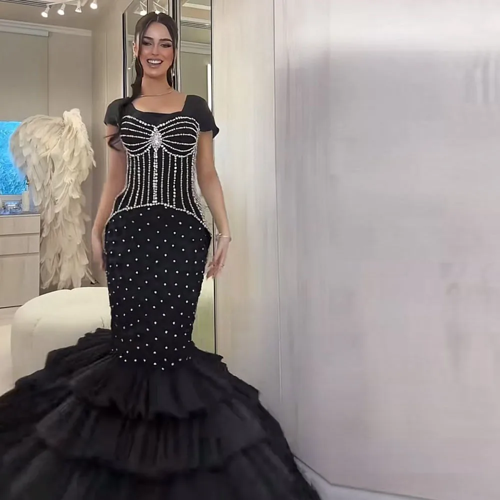 

Customized Rhinestone Mermaid Evening Dresses Beading Ruffles Tiered Prom Gown Cap Sleeves Long vestidos de gala