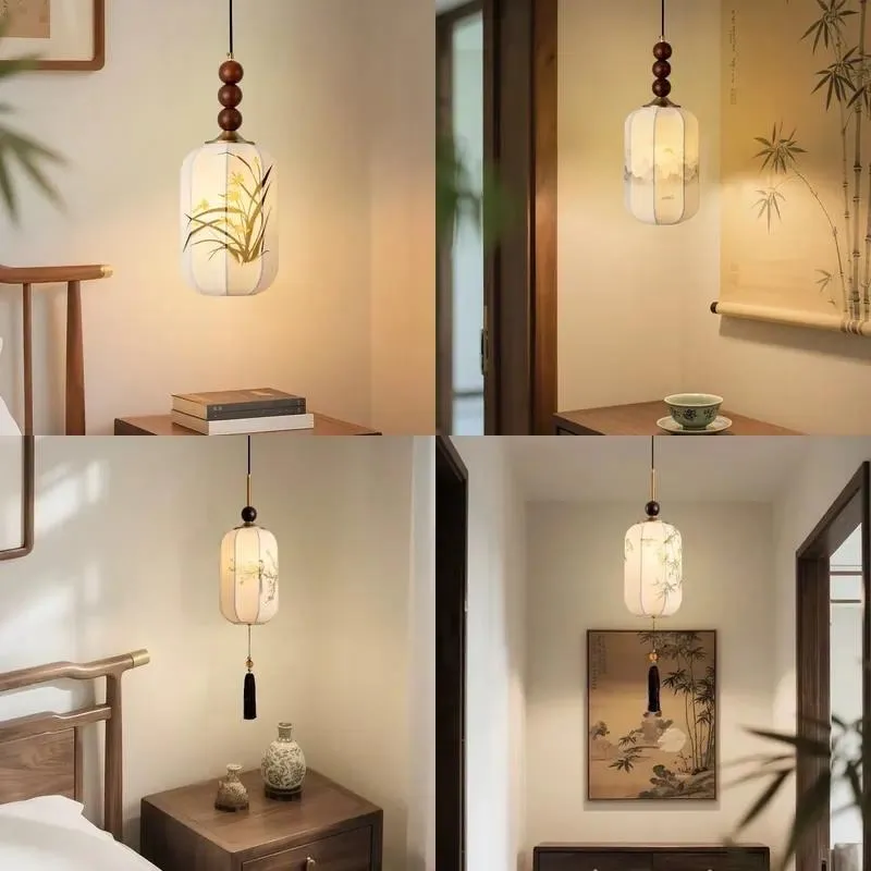 Song Dynasty Aesthetic Small Chandelier Wooden Cloth Zen Simple Elegant Design for Tea Room Entrance Corridor Dual Use