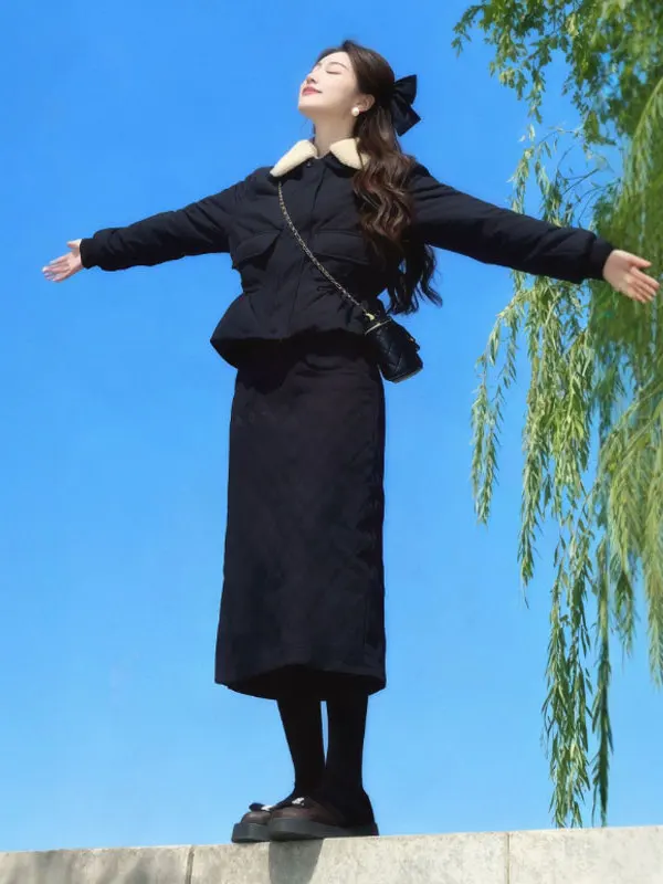 

Комплект из хлопкового жакета и юбки: нежный зимний стиль, женская юбка миди с высокой талией, кардиган на пуговицах, удобная посадка