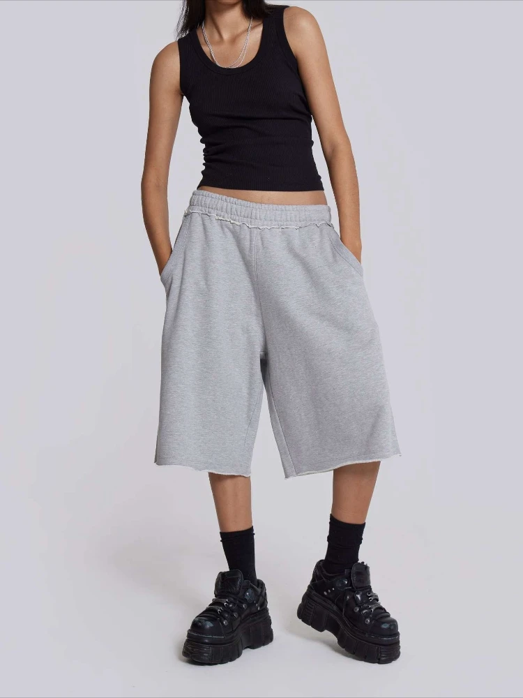 HOUZHOU Gray Baggy Jogger Shorts Women Casual Wide Leg Sport Shorts Oversized Basic Short Pants Female New Summer Streetwear