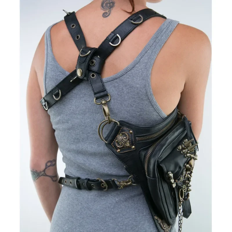 Steampunk Gothic Skull Rivet Waist Leg Bag Women Hip Belt Fanny Pack Multi‑Use Messenger Shoulder Bag For Cosplay Party