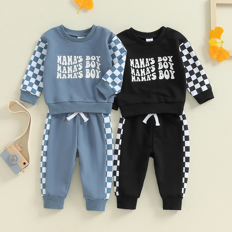 

Baby Boy Track Suit Letter Plaid Print Long Sleeve Sweatshirt and Elastic Sweatpants 2 Piece Toddler Fall Clothes Outfits