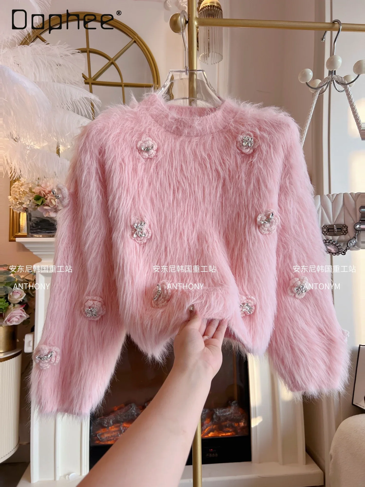 

Pink Mink Fur Sweater Women 3d Floral Rhinestone Round Collar Long Sleeve Short Pullover Plush Knitted Tops Sweet Casual