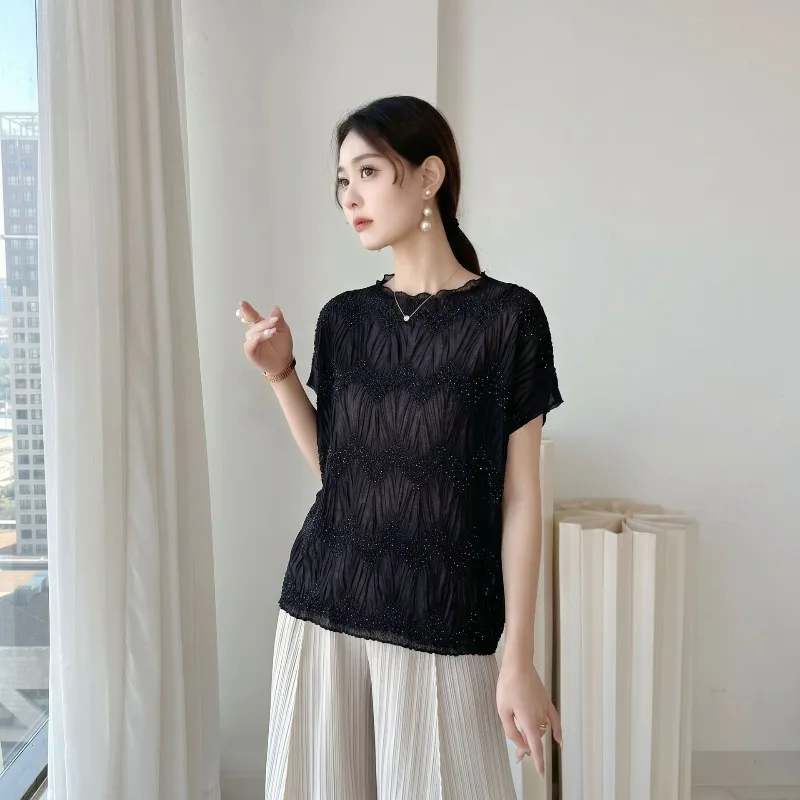 Miyake Pleated 2026 New French Style Slim Fit Pleated Rhinestone T-Shirt Summer Versatile Elegant Commuter Short Sleeve Top