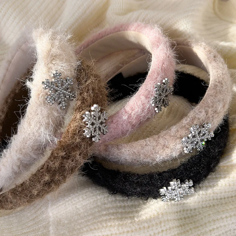 New Rhinestone Snowflake Headband Autumn Winter Plush Hair Band for Woman Girls Sweet Elegant Hair Hoop Fashion Hair Accessories