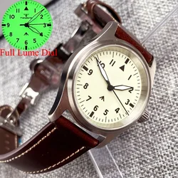 Tandorio Lume-Reloj de pulsera para hombre, accesorio masculino de pulsera resistente al agua de 36mm con esfera verde, luminoso, NH35, automático, mecánico, estilo piloto, 20ATM, correa de cuero marrón