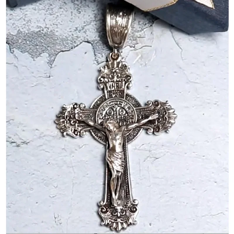 18g Long Big Crucifix Jesus Cross Catholic Medal Saint Benedict Pendant Customized 925 Solid Sterling Silver Pendant