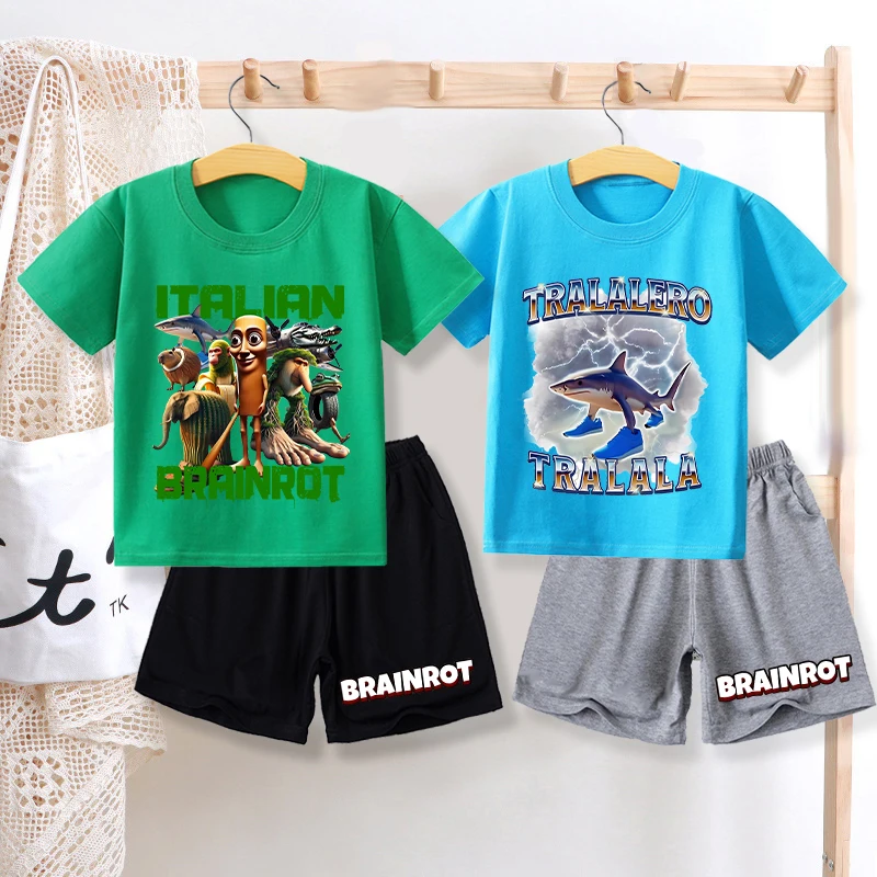 

Italian Brainrot Children T-shirt Shorts Set Cotton Color Boy Clothes Cute Cartoon Summer Toddler Fashion Hip Hop Toddler Outfit