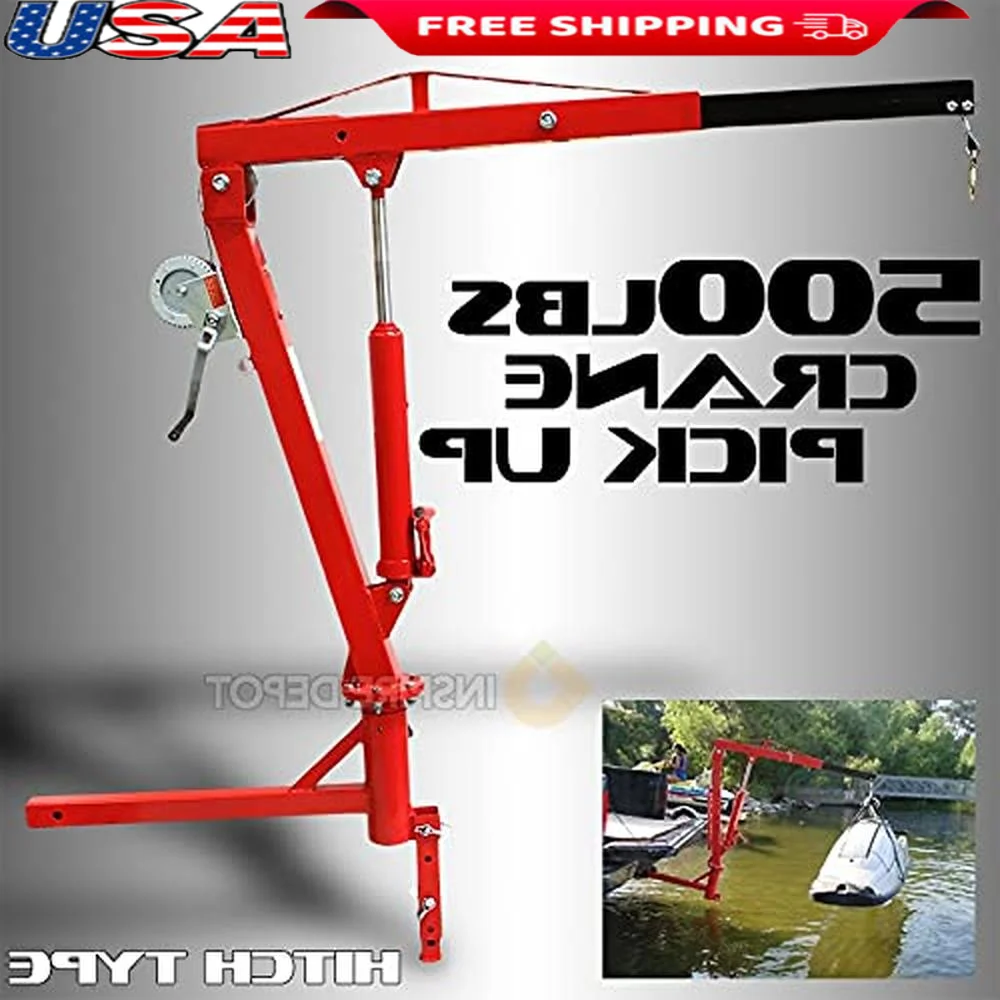 Hydraulic Pickup Truck Crane Hitch Mount 500Lb Load Capacity Extendable Boom Easy Loading Unloading Red Color Ideal Engine Hoist