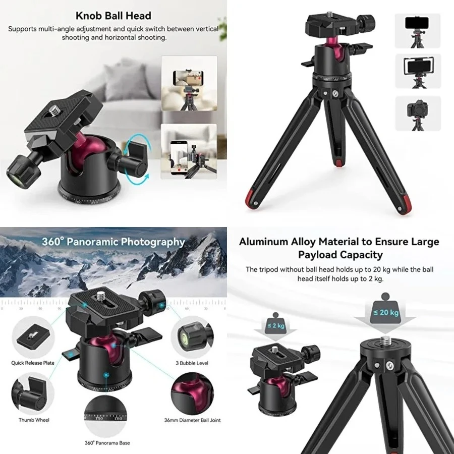 

Mini Tripod for Camera, Updated Desktop Tabletop Tripod with Arca-Type Compatible QR Plate, 360° Ball Head and 1/4 Screws Portable for Compact Cameras DSLRs, Phone, Gopro