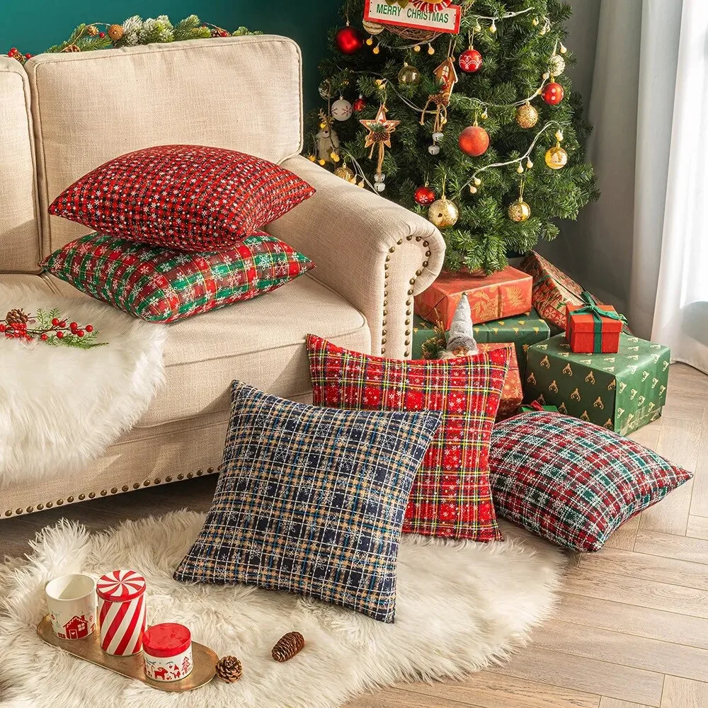CIFBUY Red Green Plaid Snowflake Print Cushion Cover 30x50/45x45/50x50cm Decorative Throw Pillow Case for Sofa Home Decor