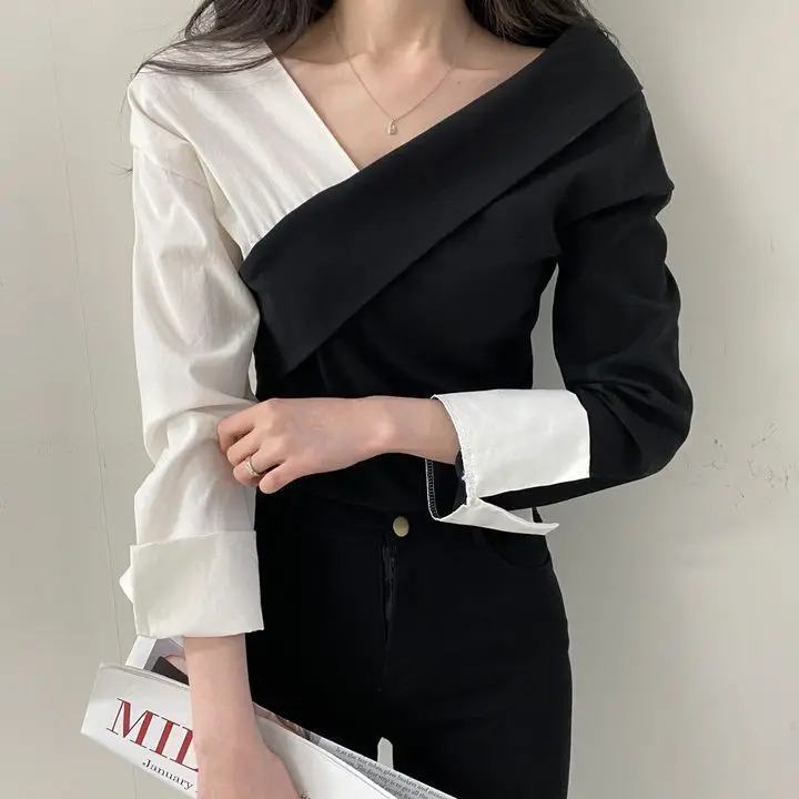 Korean Women Blouse Autumn Patchwork Off-the-shoulder Top Gentle Female Fairycore V-neck All-Match Long Sleeve