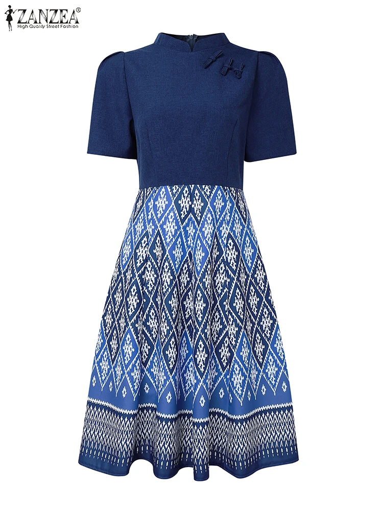 ZANZEA 빈티지 에스닉 프린트 패치 워크 a 라인 드레스 여성 보헤미안 우아한 스탠드 칼라 짧은 소매 무릎 길이 가운 Femme